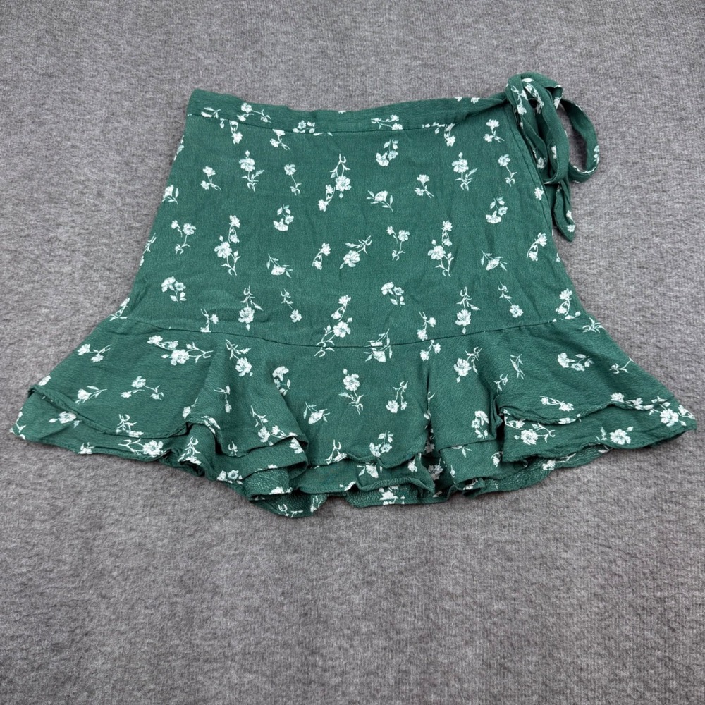 GB Mini Skirt Women's XS Green Floral Ruffle Wrap Side Tie‎ Casual Summer